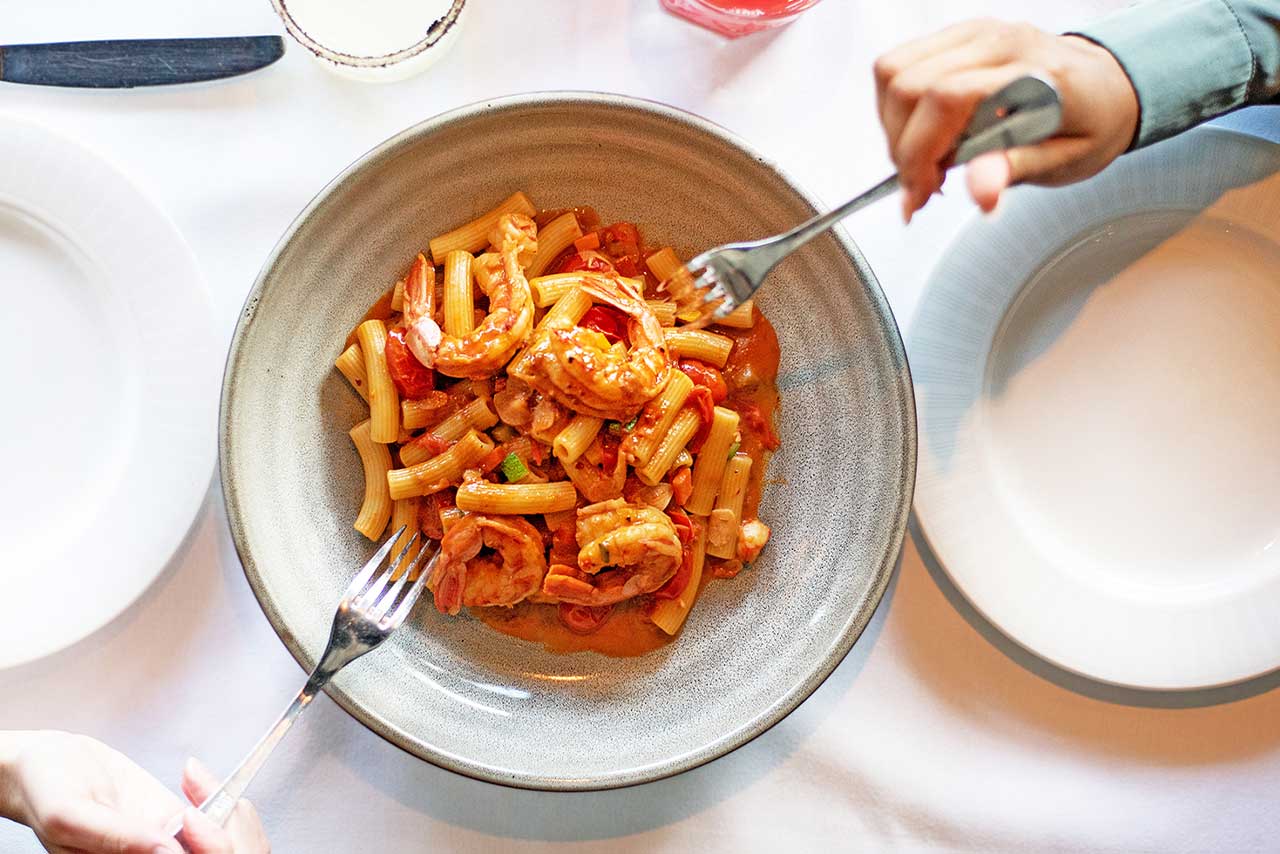 Pasta-with-shrimp in a red sauce